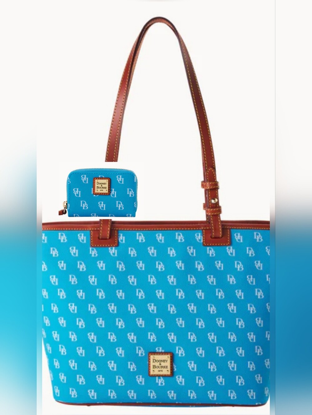 Dooney & Bourke Turquoise Blue Signature Tote with Brown Trim and Card Wallet.